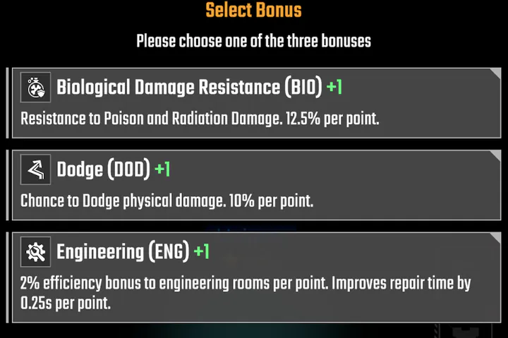 Select Bonus at a milestone: three random bonuses of +1