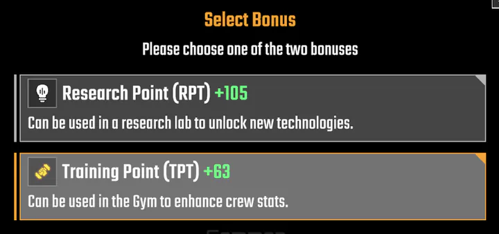 The level-up bonus choice: Research Point +105 or Training Point +63