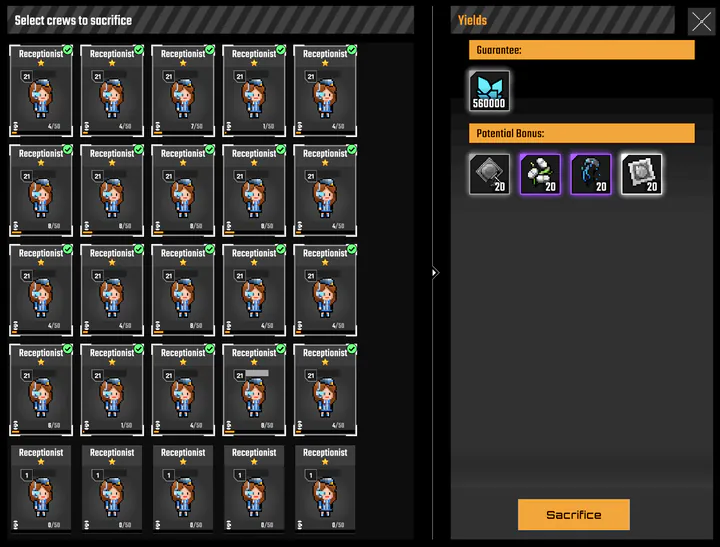 The Sacrifice window with twenty level 21 one-star Receptionists selected